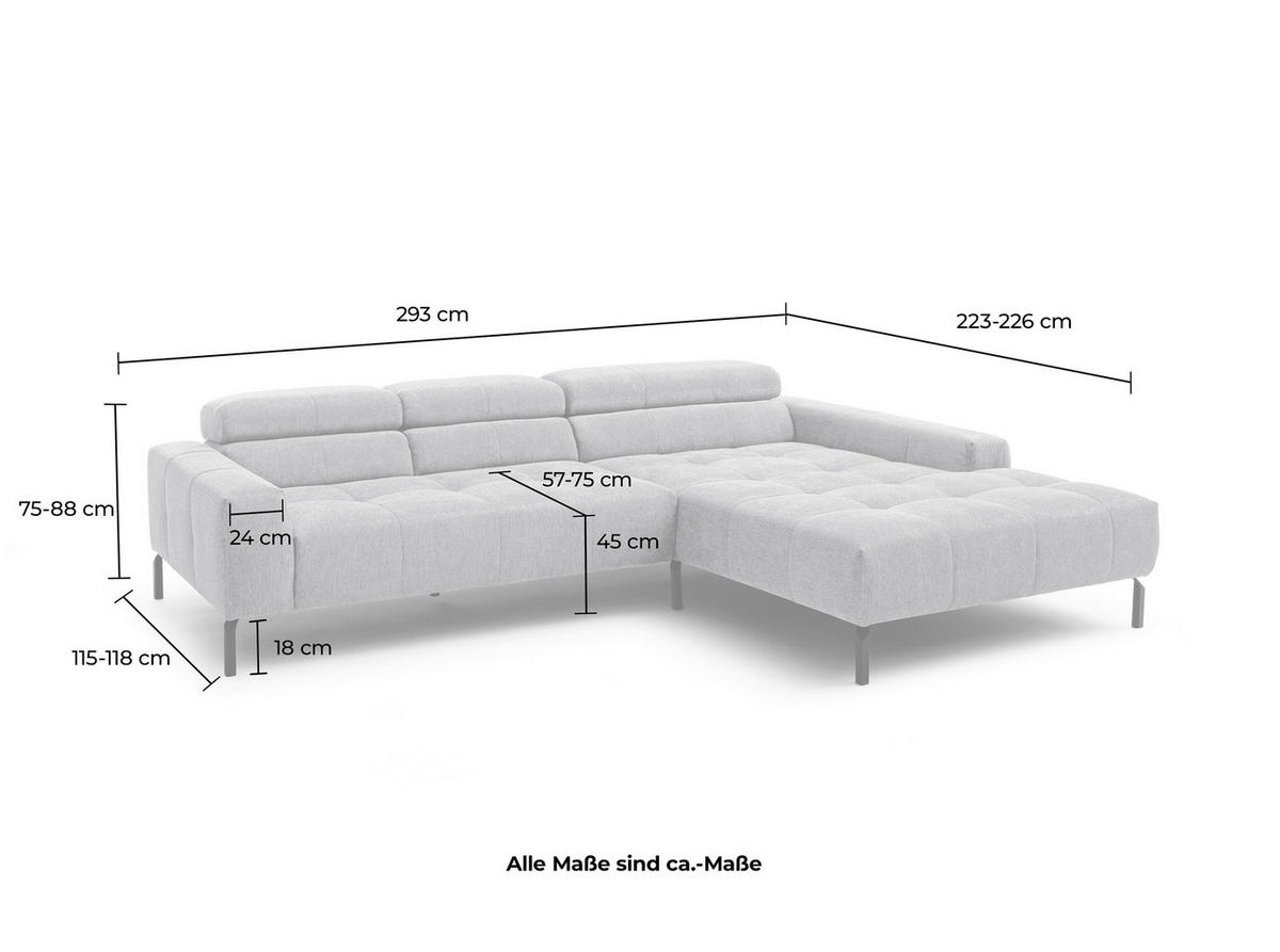 ECKSOFA Graugrün Feincord Rücken echt, Kopfteilverstellung, Sitztiefenverstellung  - Schwarz/Graugrün, KONVENTIONELL, Textil/Metall (293/226cm) - Hom`in