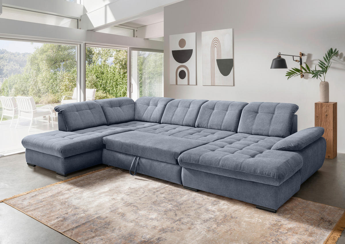 WOHNLANDSCHAFT in Chenille Hellblau  - Schwarz/Hellblau, Modern, Textil/Metall (252/387/184cm) - Livetastic