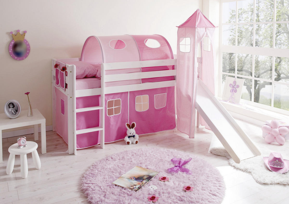SPIELBETT Absturzsicherung, Leiter, Rutsche, Turm, Vorhang 90/200 cm  in Rosa, Weiß, Hellrosa  - Hellrosa/Rosa, Natur, Holz (90/200cm) - MID.YOU