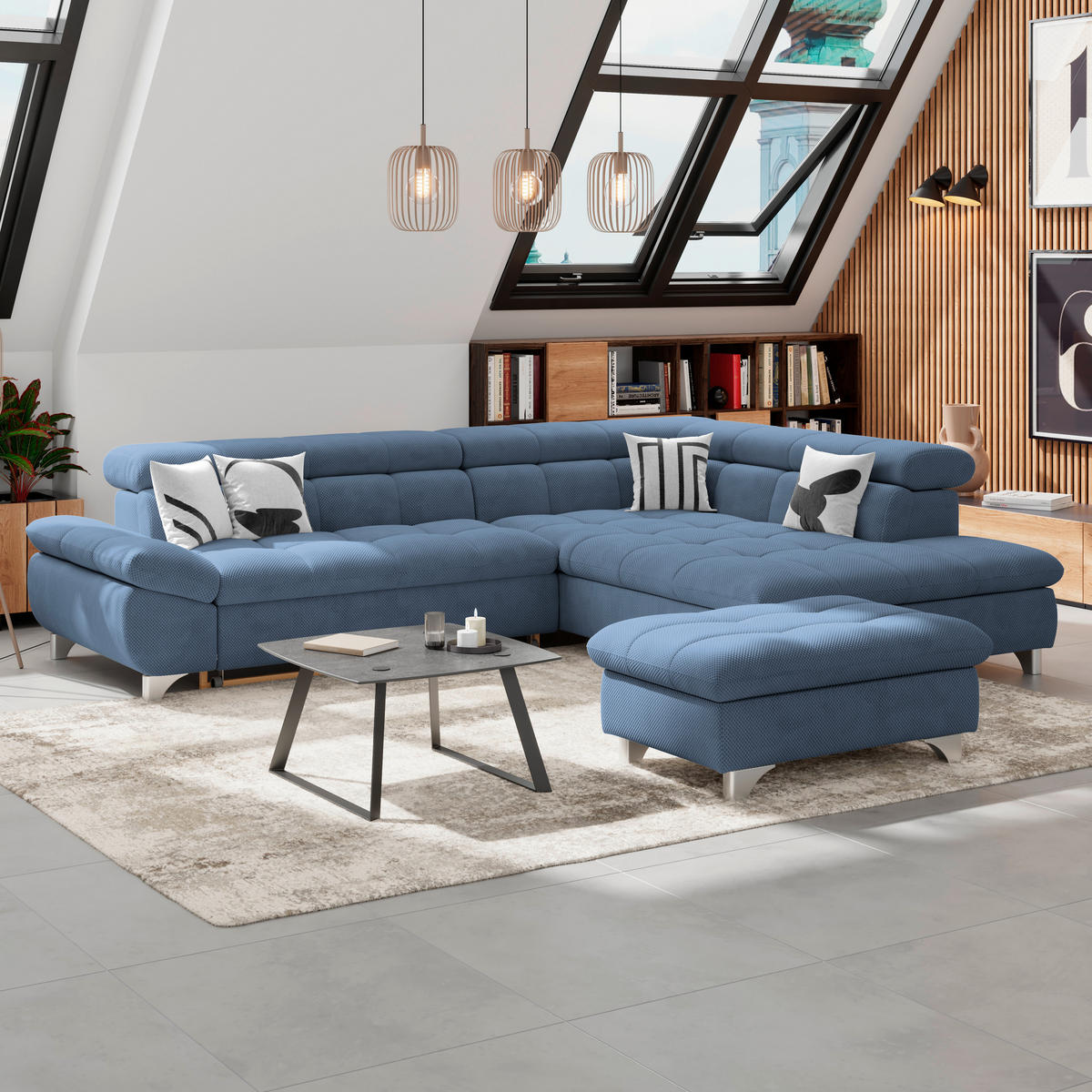 ECKSOFA Dunkelblau Chenille  - Chromfarben/Dunkelblau, KONVENTIONELL, Textil/Metall (312/234cm) - Livetastic
