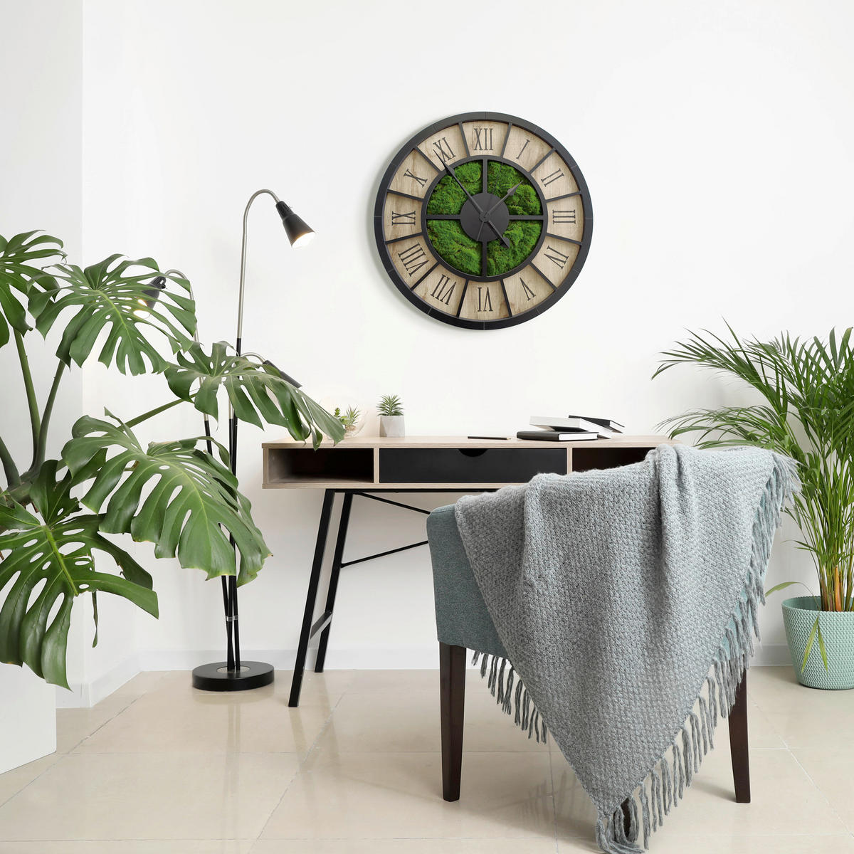 WANDUHR - Schwarz, Eichefarben, Dunkelgrün  - Dunkelgrün/Eichefarben, Basics, Holz/Kunststoff (57cm)