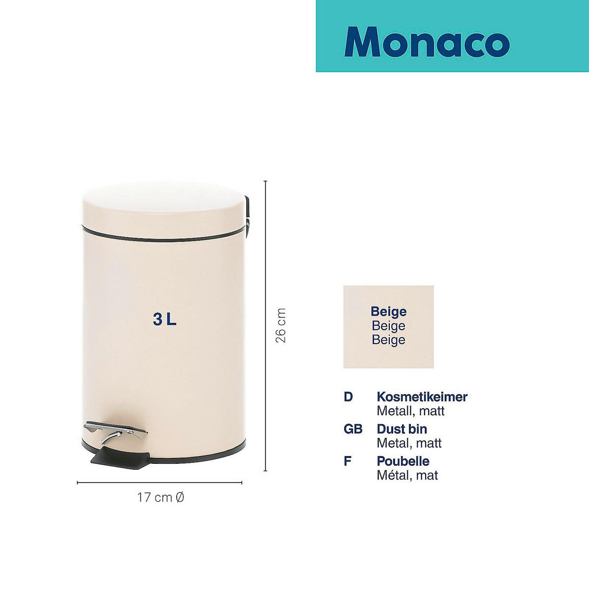 KOSMETIKEIMER MONACO 3 L  - Beige/Schwarz, Basics, Kunststoff/Metall (17/26cm) - Kela
