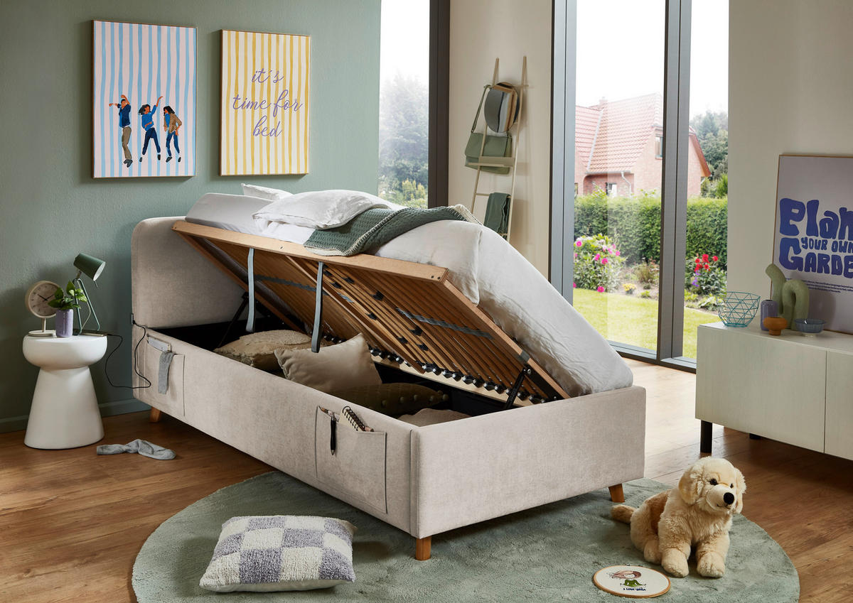 POLSTERBETT 90/200 cm,  in Eichefarben, Beige, Lattenrost, Bettkasten, Betttasche,  - Eichefarben/Birkefarben, KONVENTIONELL, Holz/Textil (90/200cm) - Boxxx