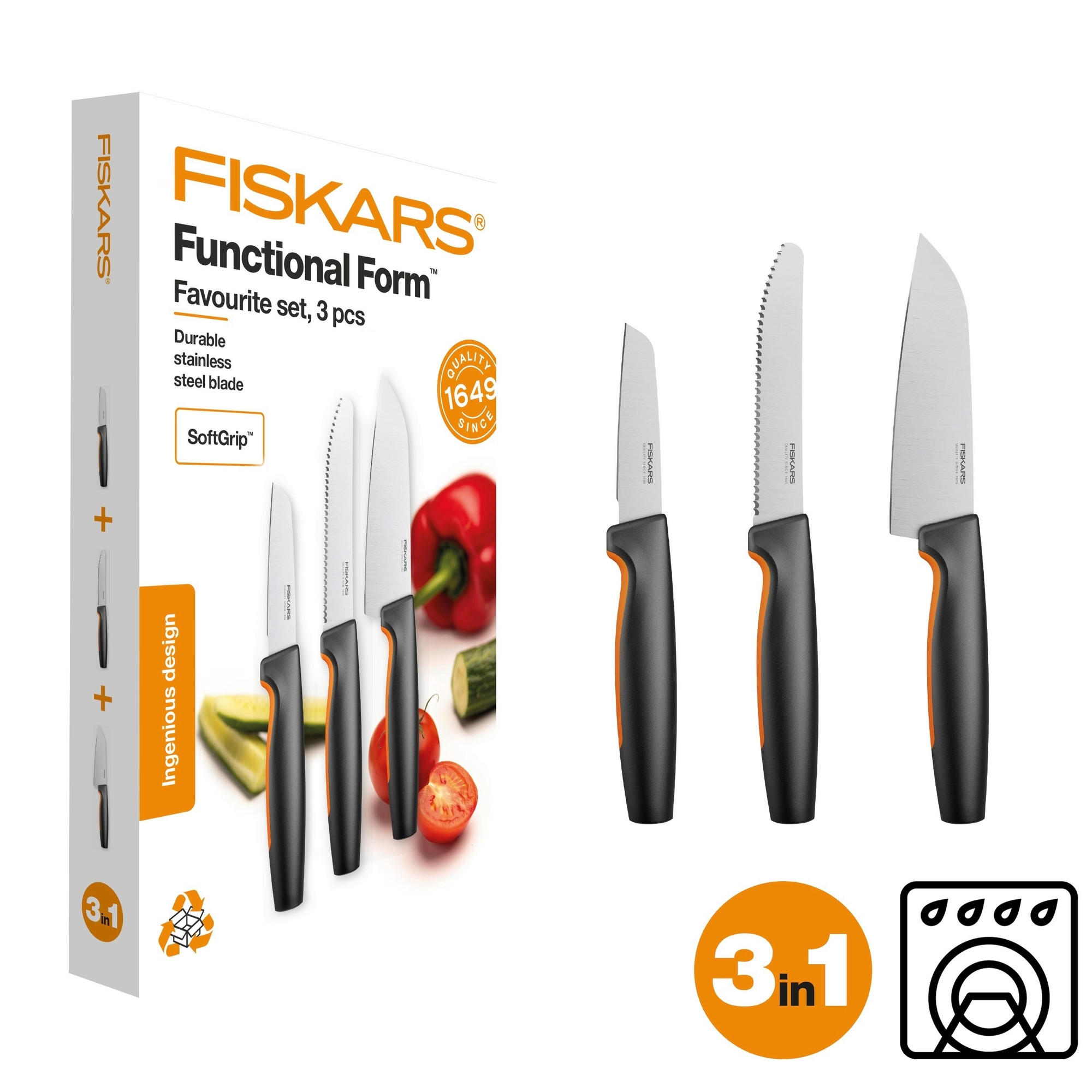 SET NOŽEV  FISKARS FUNCTIONAL FORM 3-delni - črna/oranžna, Basics, kovina/umetna masa - Fiskars