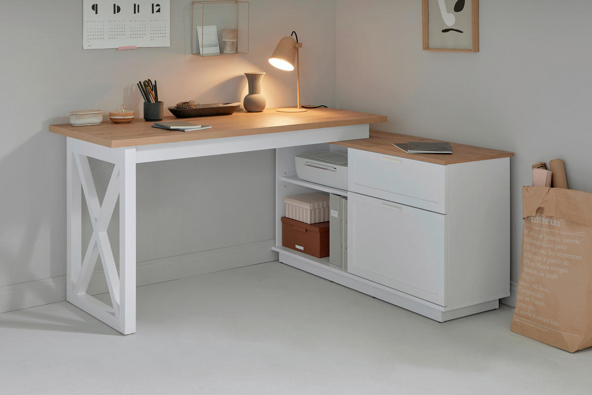ECKSCHREIBTISCH 150/119/75 cm  in Weiß, Eichefarben  - Eichefarben/Weiß, KONVENTIONELL, Holzwerkstoff/Metall (150/119/75cm) - Livetastic