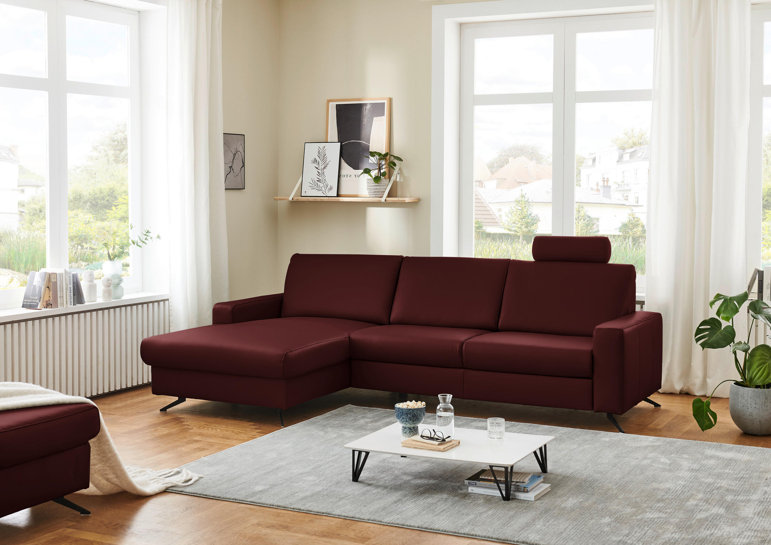 ECKSOFA in Echtleder Brombeere  165/267 cm  - Brombeere/Schwarz, Design, Leder/Metall (165/267cm) - Lomoco
