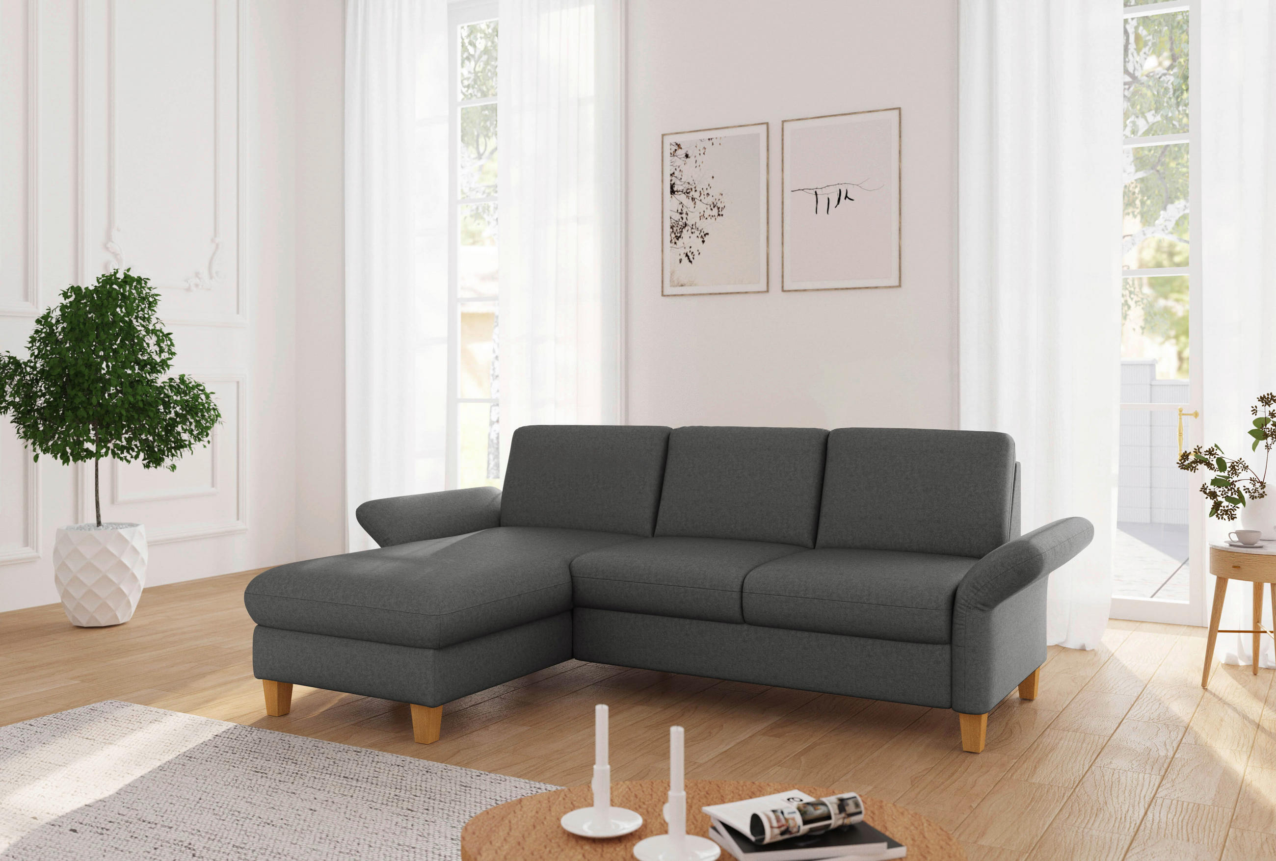 ECKSOFA ROCHELLE E Dunkelgrau Flachgewebe  - Eichefarben/Dunkelgrau, KONVENTIONELL, Holz/Textil (164/251cm) - Sit & More