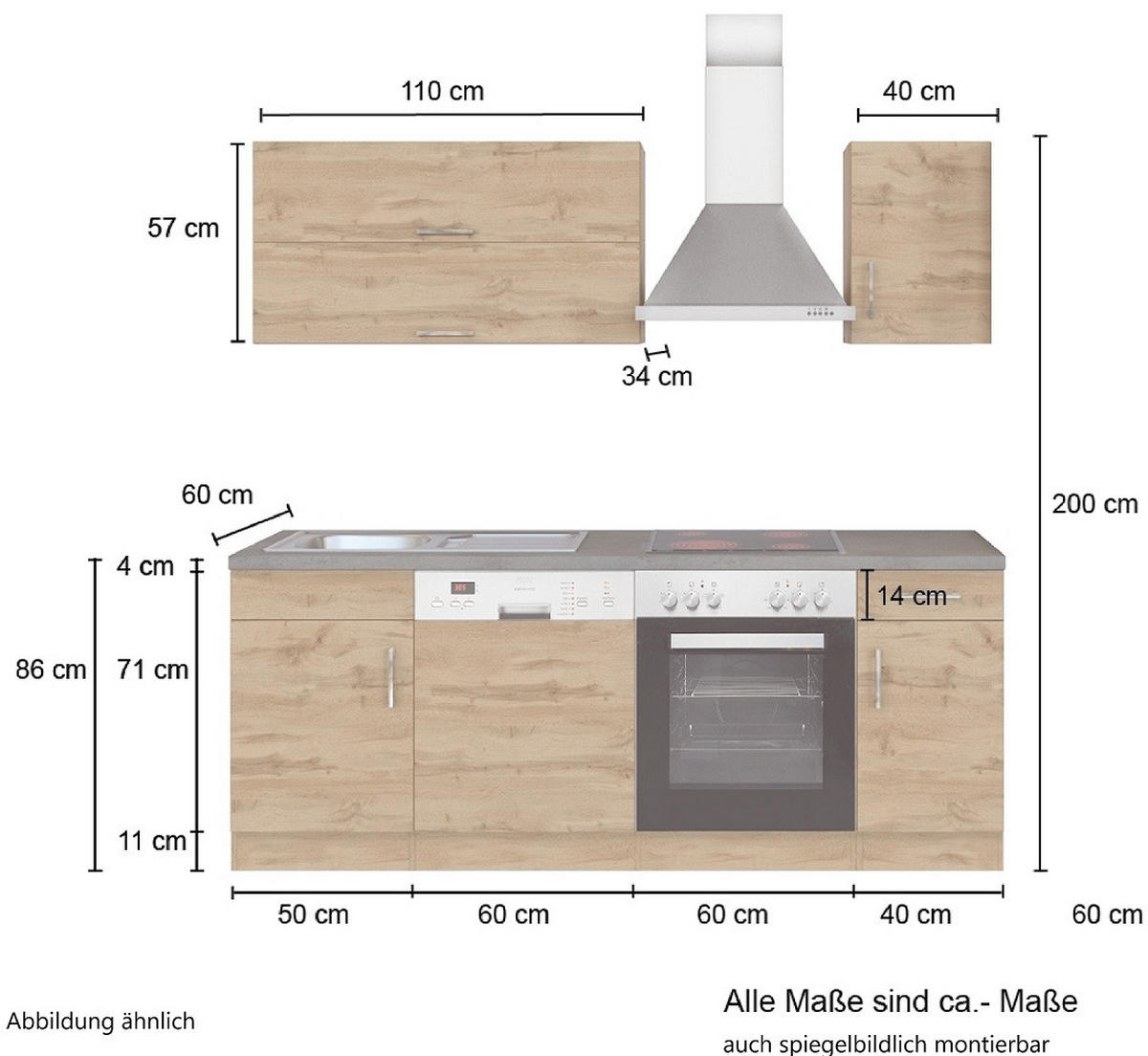 KÜCHENLEERBLOCK 210 cm   in Anthrazit, Eiche Wotan  - Chromfarben/Anthrazit, Modern, Holzwerkstoff/Metall (210cm) - Held