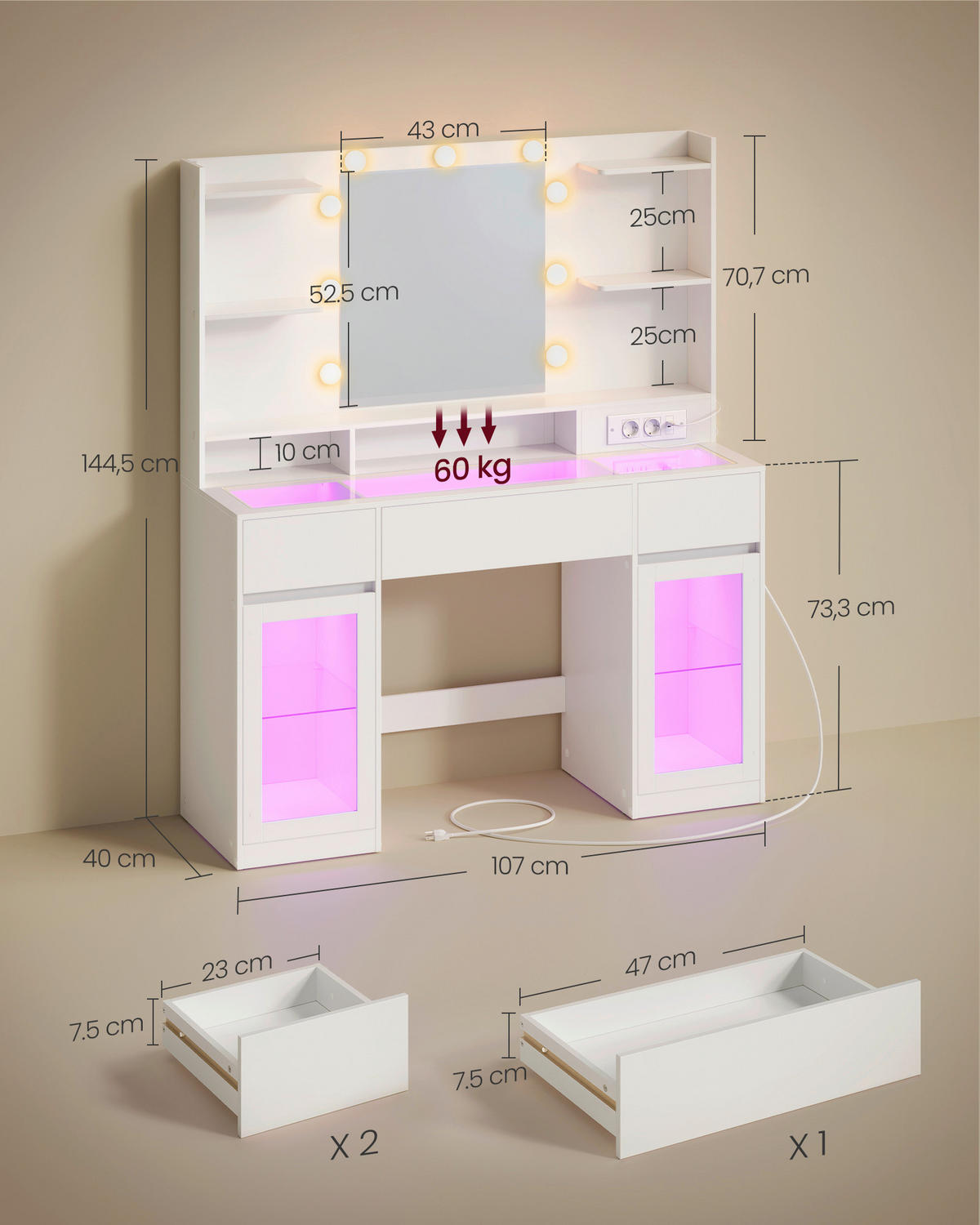 SCHMINKTISCH 107/40/144,5 cm, Weiß  - Weiß, Trend, Glas/Holzwerkstoff (107/40/144,5cm) - Boxxx