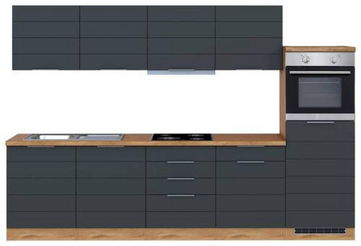 KÜCHENBLOCK 300 cm   in Grau, Eiche Wotan  - Eiche Wotan/Grau, Design, Holzwerkstoff/Metall (300cm) - Held