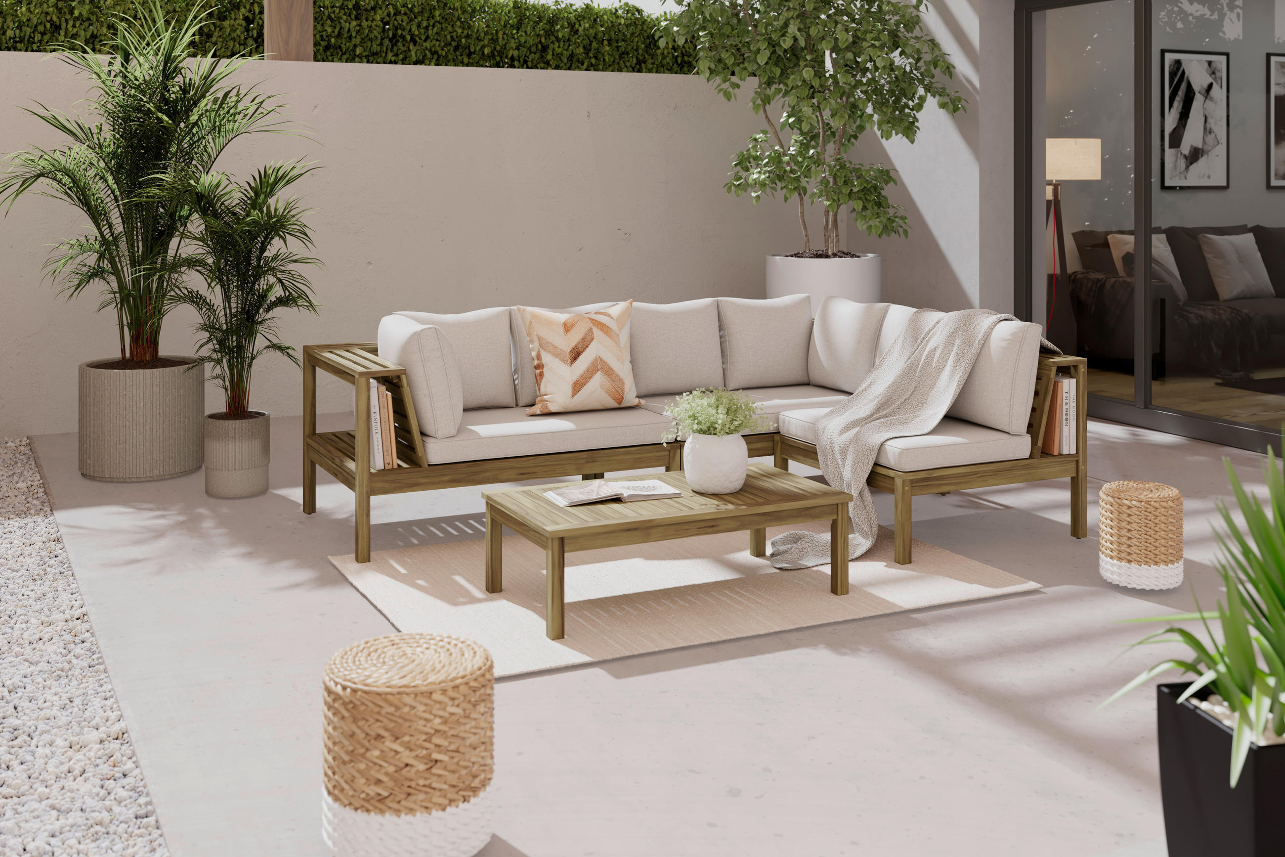 LOUNGEGARNITUR  240/160 cm  Akazie teilmassiv  - Akaziefarben/Grau, MODERN, Holz/Kunststoff (240/160cm) - Beldano