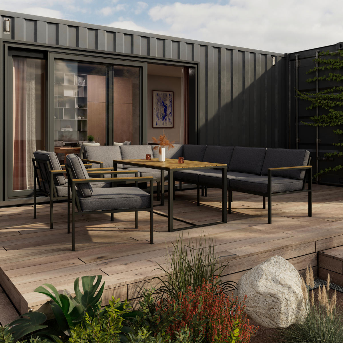 DINING-LOUNGESET   - Grau/Akaziefarben, Modern, Holz/Textil (260/205cm) - Ambia Garden