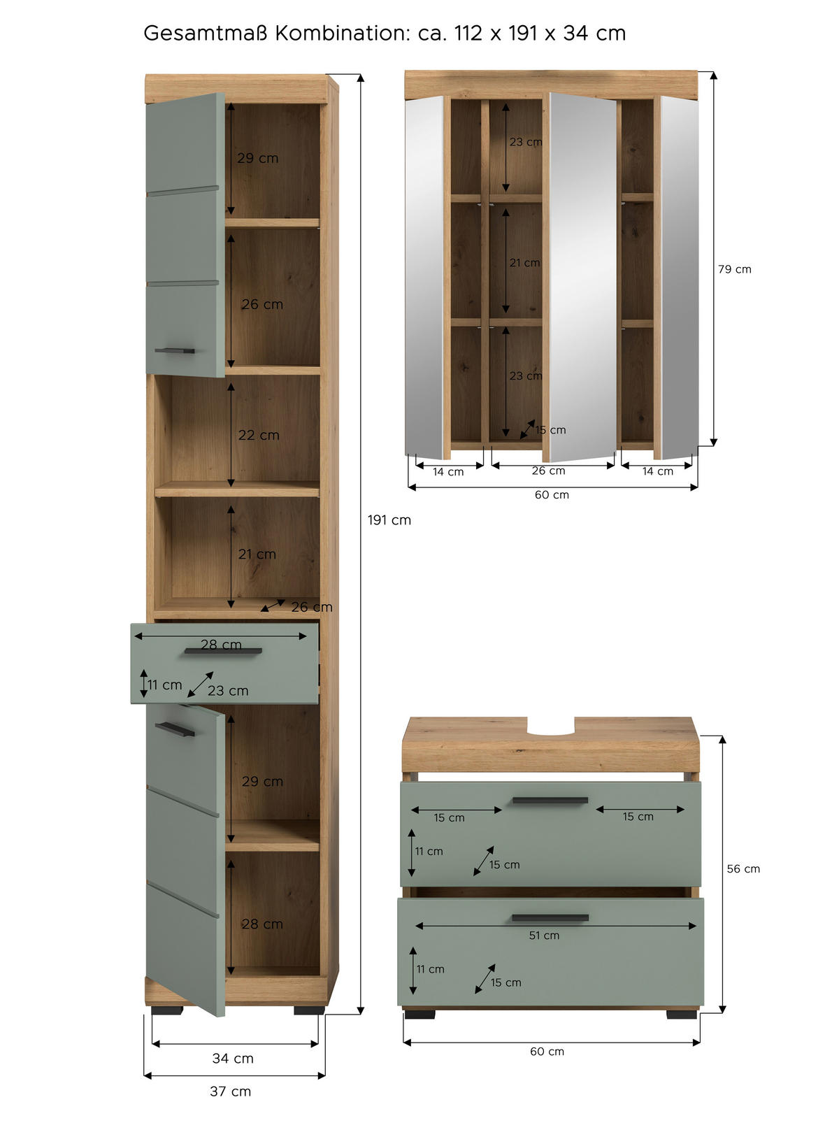 BADEZIMMER 3-teilig  in 97 cm  - Salbeigrün/Schwarz, MODERN, Glas/Holzwerkstoff (97cm) - MID.YOU