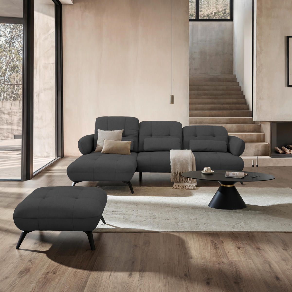 ECKSOFA Flachgewebe Anthrazit  - Anthrazit/Schwarz, Modern, Textil/Metall (180/282cm) - Novel