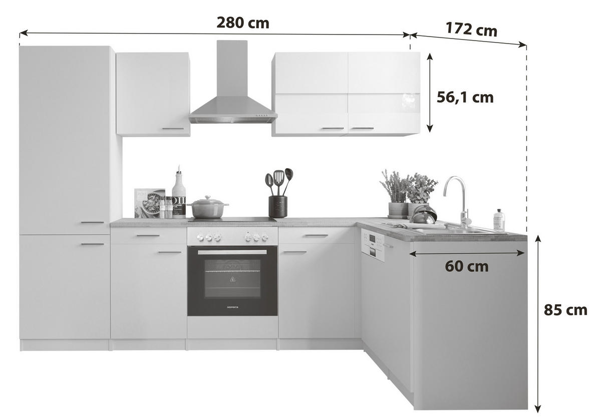 ECKKÜCHE 280/172 cm  in Weiß  - Edelstahlfarben/Nussbaumfarben, Basics, Holzwerkstoff/Metall (280/172cm) - Respekta