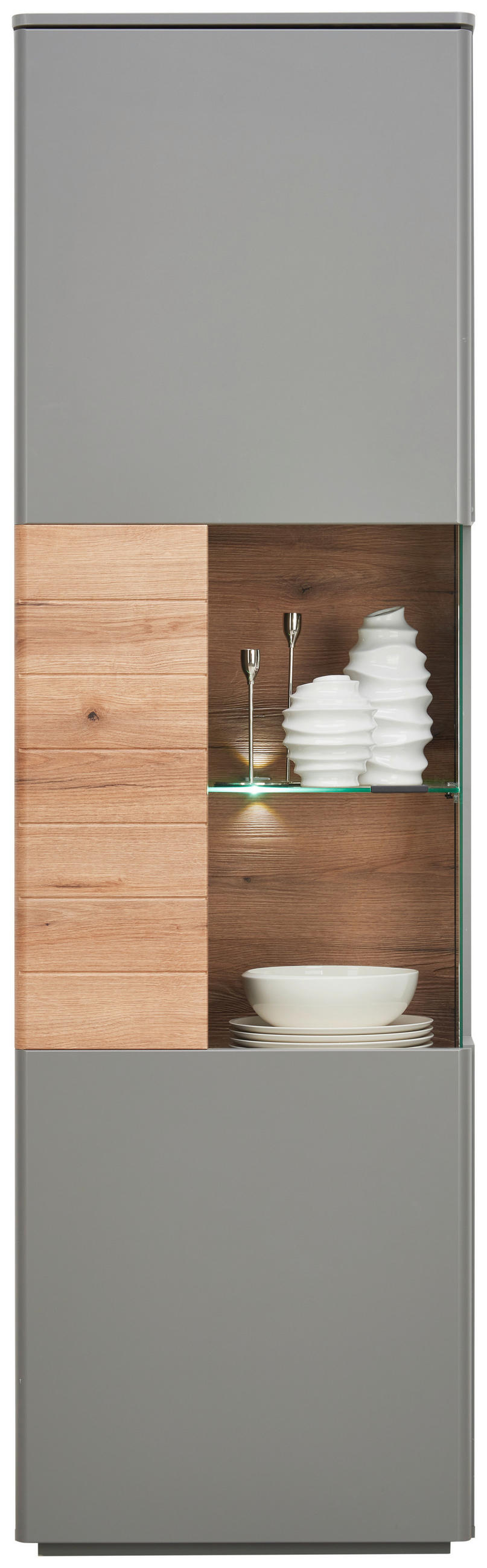 Thumbnail - Stylife Vitrine, Grau, Eiche, Glas, Holzwerkstoff, 3 Fächer, 60x200x38 cm, Beimöbel erhältlich, stehend, Beleuchtung, Es...