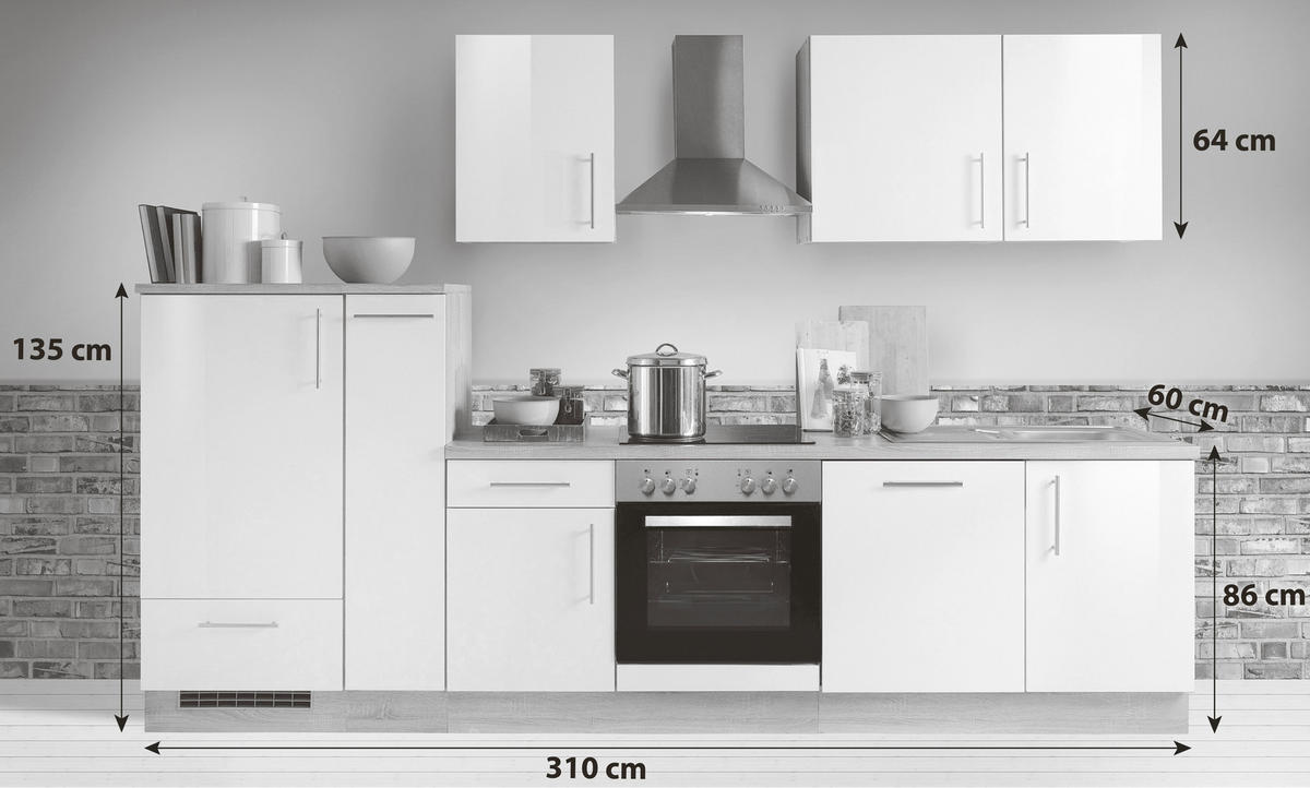 KÜCHENBLOCK 310 cm   in Sonoma Eiche, Weiß Hochglanz  - Weiß Hochglanz/Silberfarben, KONVENTIONELL, Holzwerkstoff/Metall (310cm) - Menke