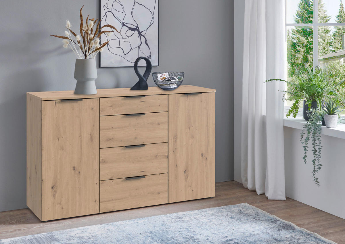 SIDEBOARD  135/84/41 cm 4 Schublade(n)  - Schwarz/Eiche Artisan, Trend, Holzwerkstoff/Kunststoff (135/84/41cm) - Hom`in