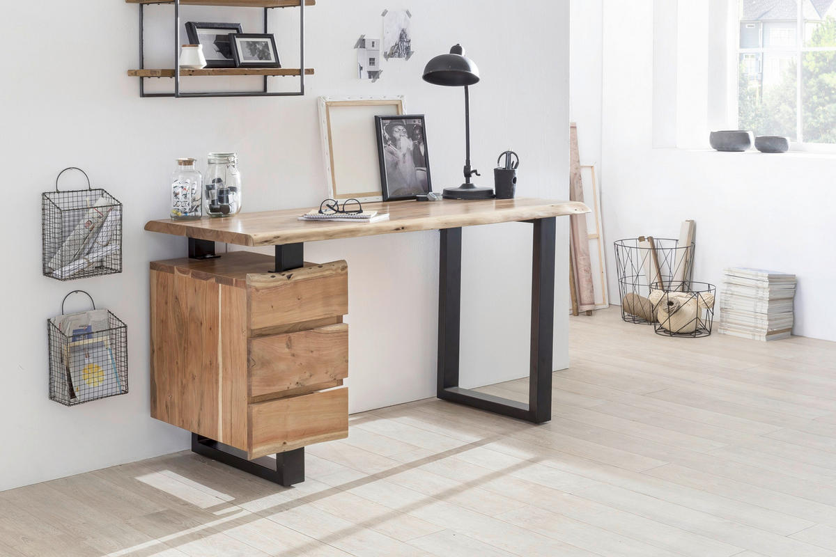 SCHREIBTISCH 147/62/80 cm  in Naturfarben, Schwarz  - Schwarz/Naturfarben, MODERN, Holz/Metall (147/62/80cm) - MID.YOU