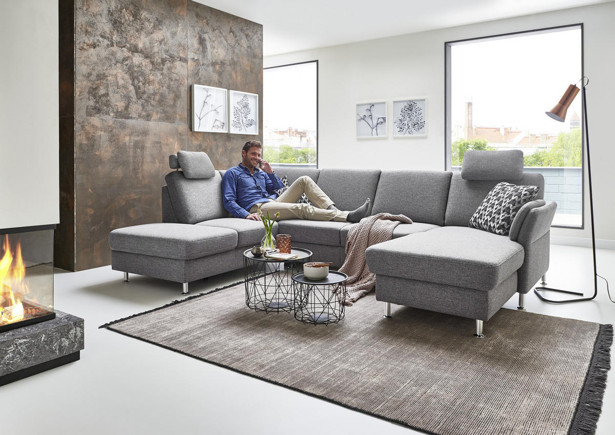 WOHNLANDSCHAFT in Flachgewebe Grau  - Chromfarben/Grau, Konventionell, Textil/Metall (168/305/200cm) - Beldomo System