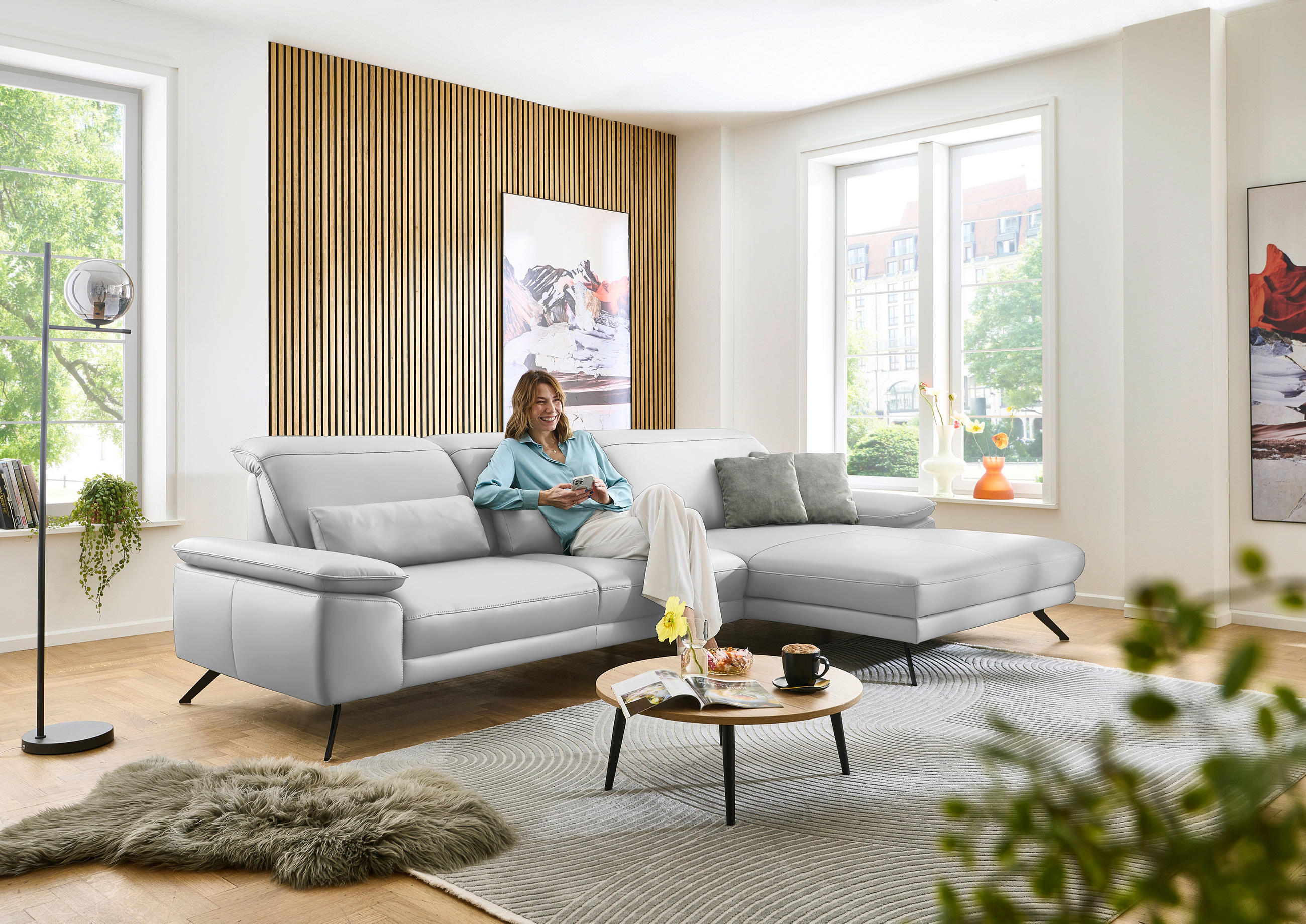 ECKSOFA in Echtleder Weiss  - Weiss/Schwarz, Design, Leder/Metall (332/193cm) - Dieter Knoll