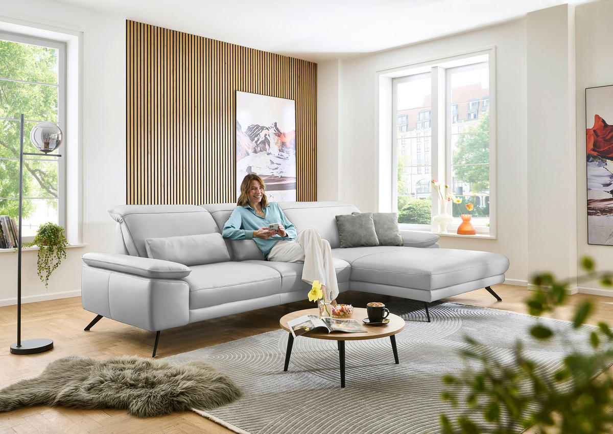 ECKSOFA in Echtleder Weiss  - Weiss/Schwarz, Design, Leder/Metall (332/193cm) - Dieter Knoll