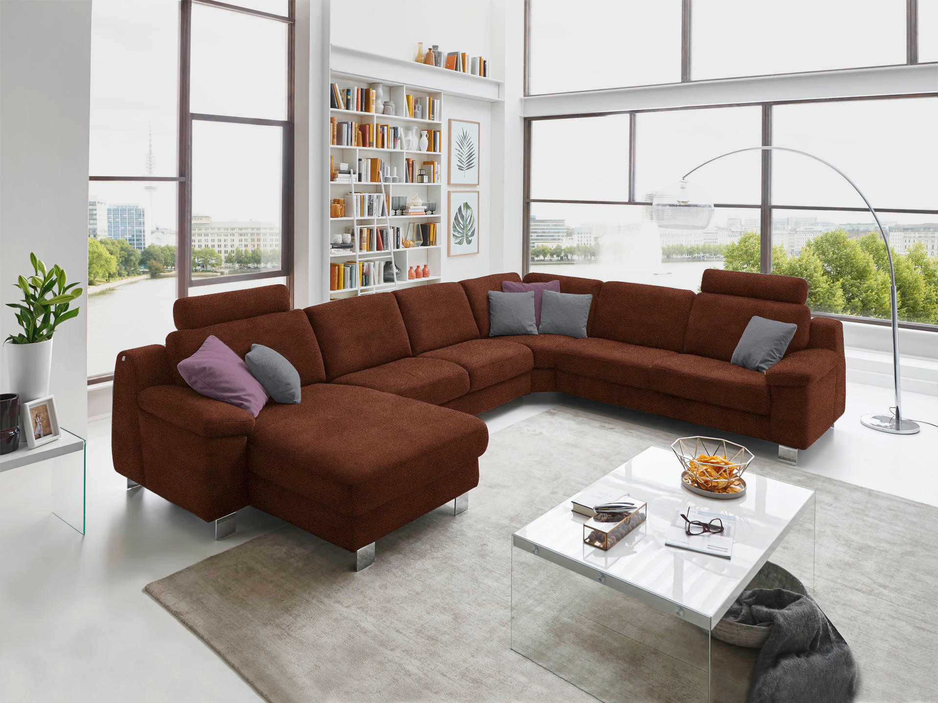 WOHNLANDSCHAFT in Mikrofaser Hellbraun  - Chromfarben/Hellbraun, Design, Textil/Metall (166/364/278cm) - Valdera