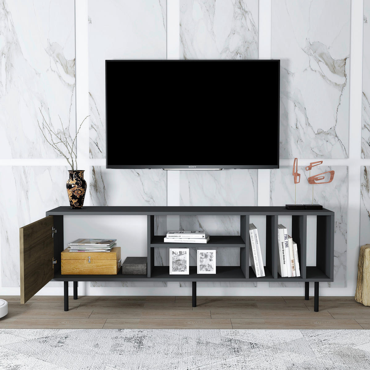NÍZKA KOMODA, antracitová, farba vlašského orecha, 160/57/35 cm - čierna/antracitová, Design, kov/kompozitné drevo (160/57/35cm) - Livetastic