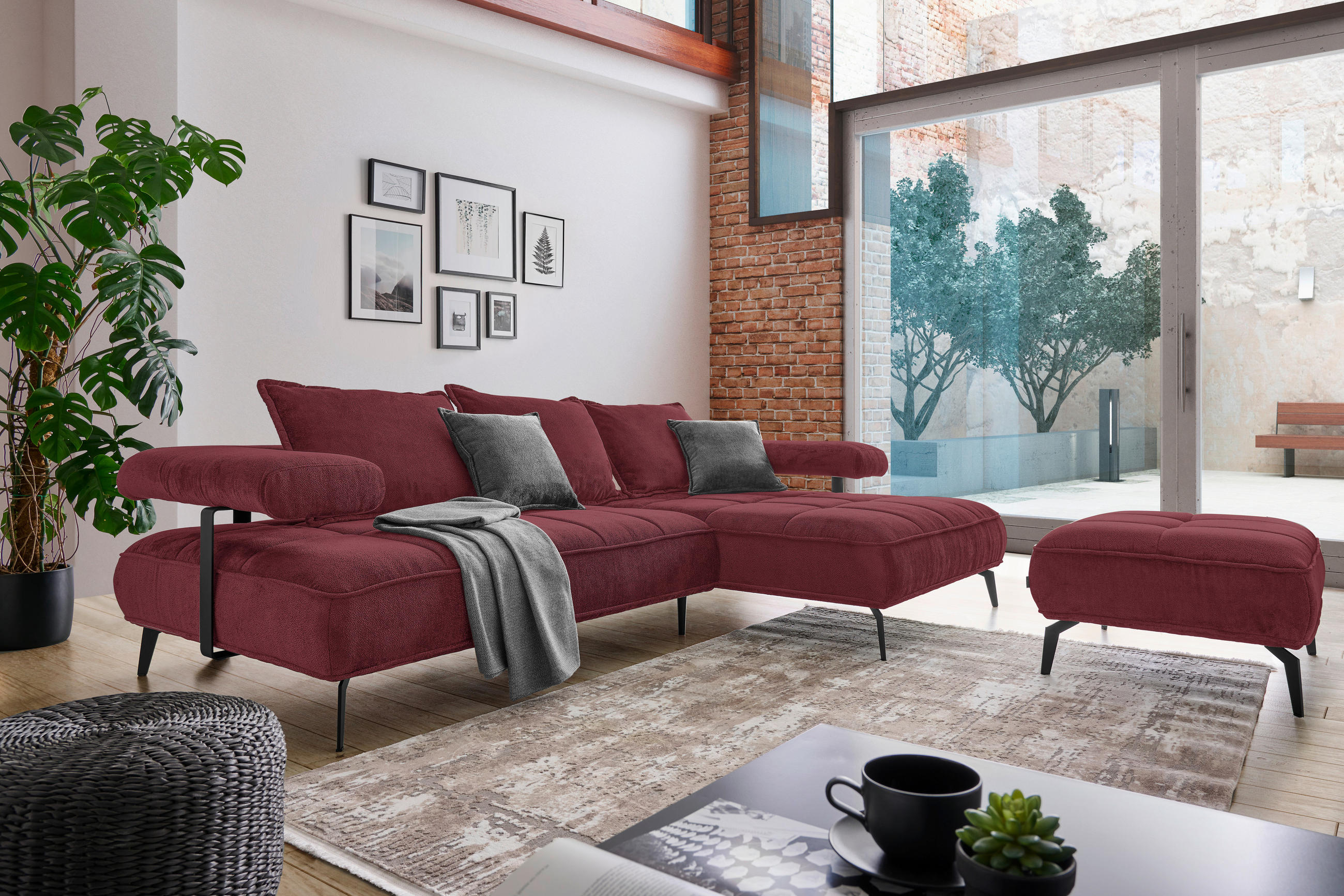 ECKSOFA in Webstoff Bordeaux  - Bordeaux/Schwarz, Design, Textil/Metall (266/180cm) - Welnova