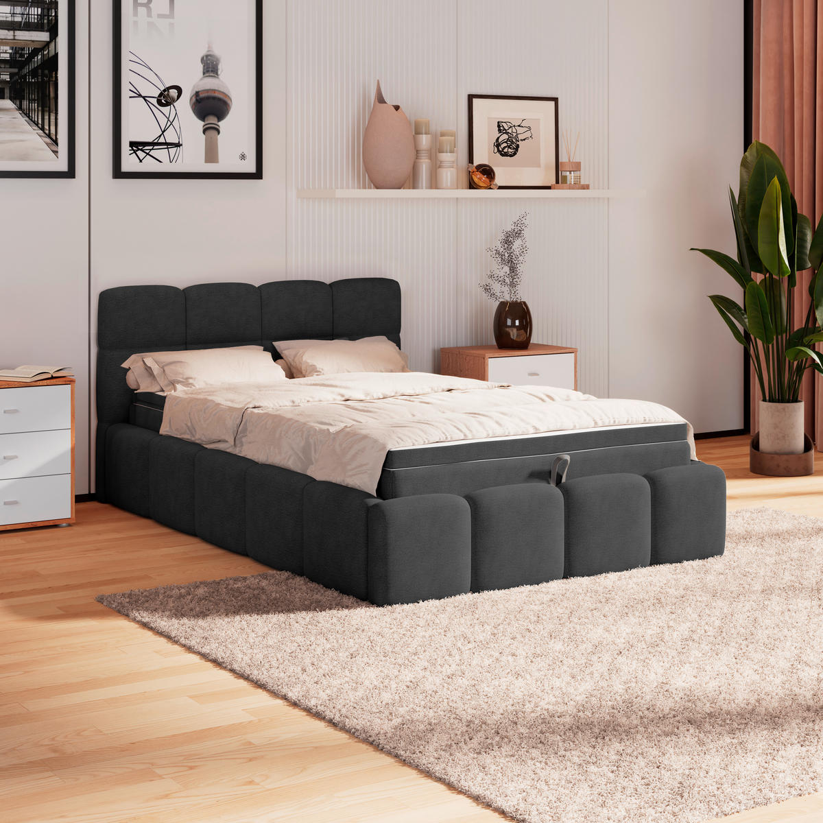 POLSTERBETT  in Schwarz, Matratze, Bettkasten, H3 = fest  - Schwarz, Trend, Kunststoff/Textil (140/200cm)