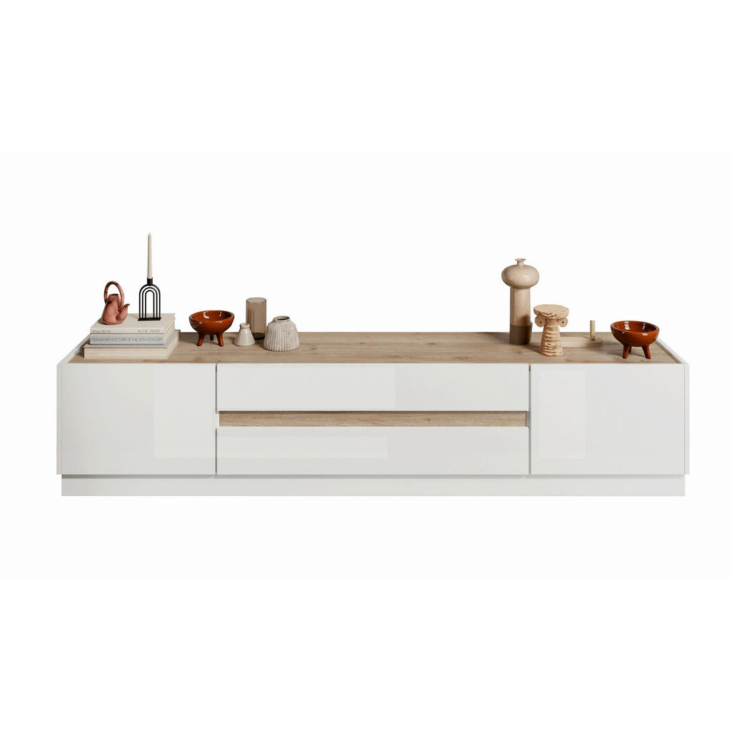 Carryhome NÍZKÁ KOMODA, barvy dubu, vysoce lesklá bílá, 205/44/40 cm