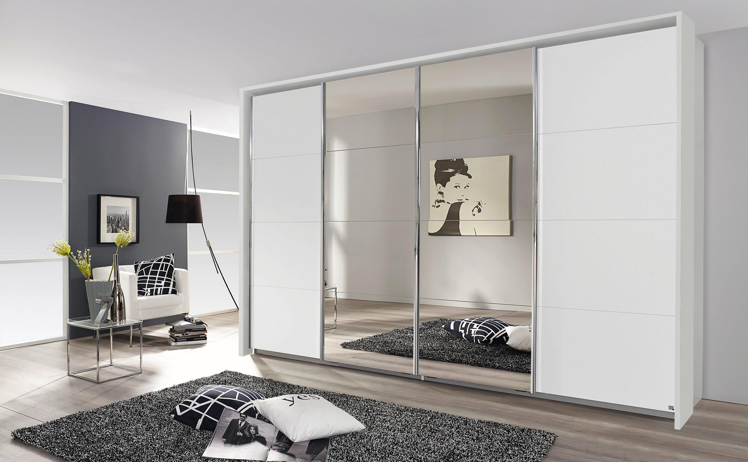 SKJUTDÖRRSGARDEROB 361/230/62 cm 4-dörrar - vit/klar, Modern, metall/trämaterial (361/230/62cm) - Rauch Möbel