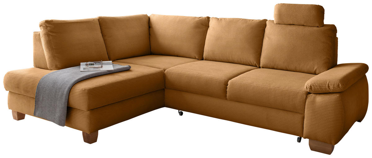 ECKSCHLAFSOFA  mit Liegefunktion, Rücken echt, Armteil rechts Cord Goldfarben  - Wildeiche/Goldfarben, MODERN, Holz/Textil (206/261cm) - Livetastic