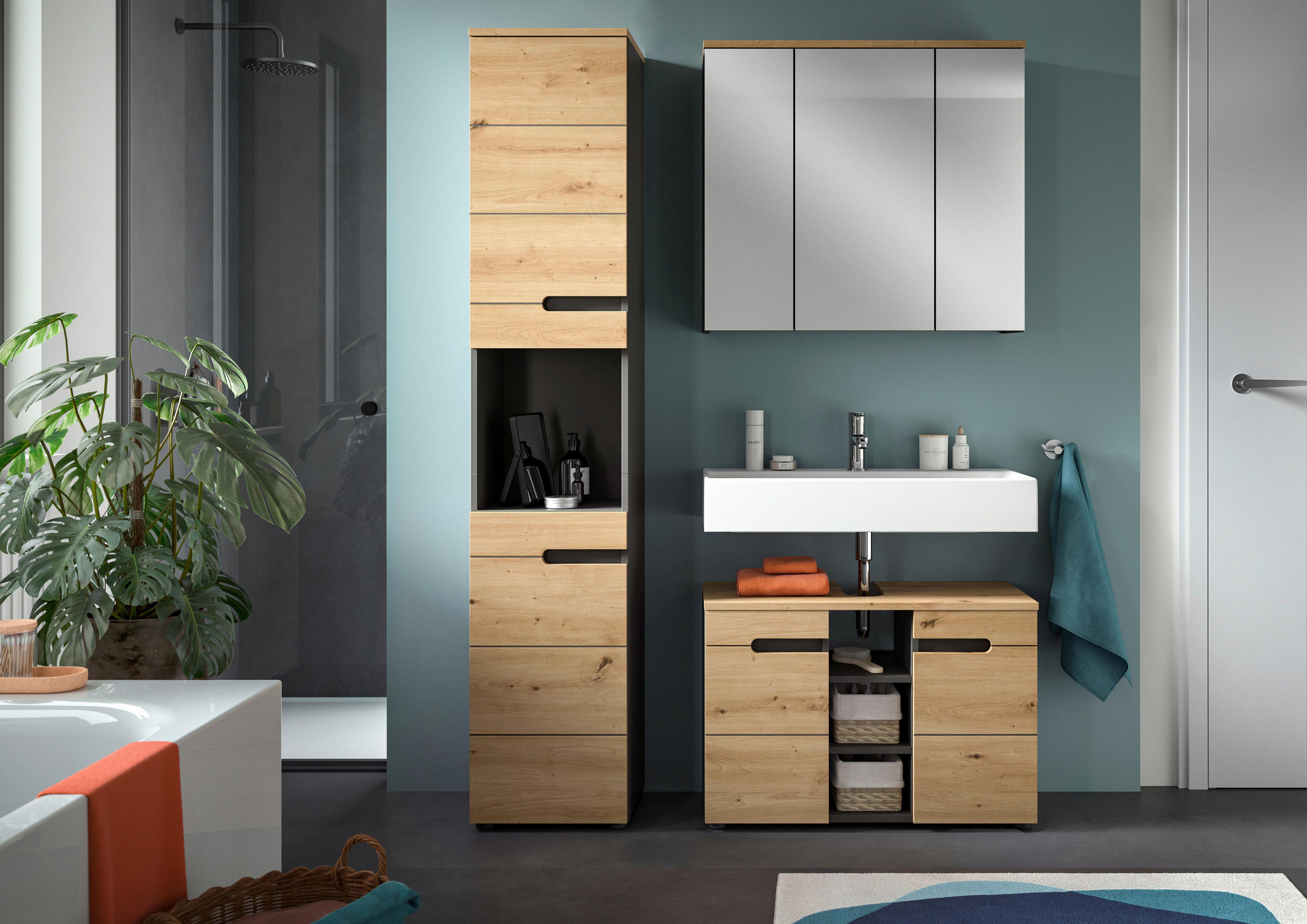 BADEZIMMER 3-teilig  in 118 cm  - Schwarz/Eiche Artisan, MODERN, Glas/Holzwerkstoff (118cm) - MID.YOU