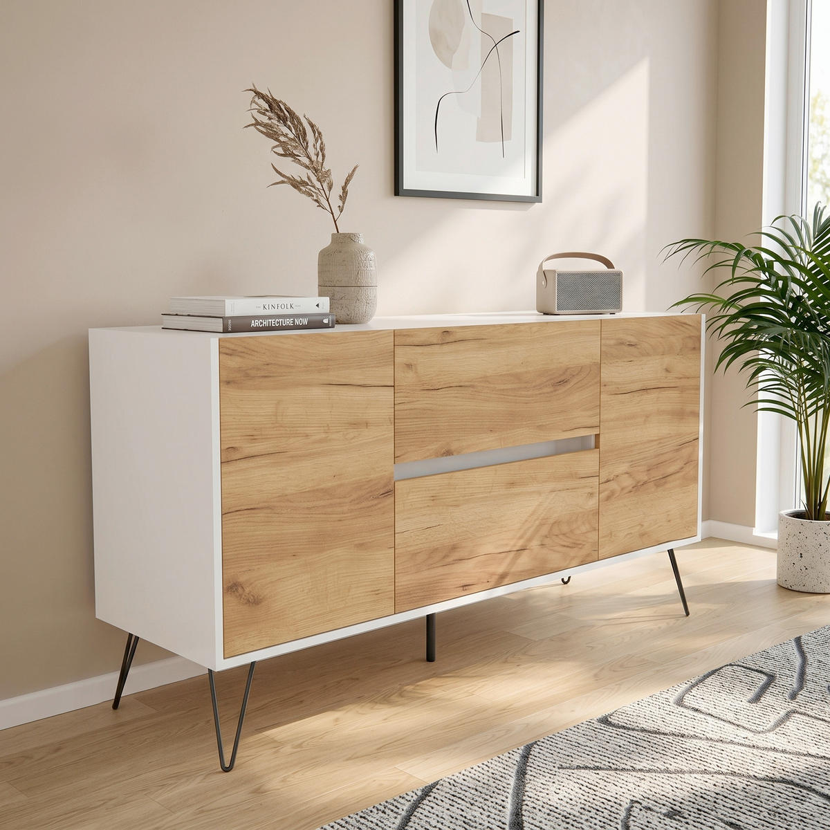 SIDEBOARD Posseik Industrial 139/75,8/42 cm 2 Schublade(n)  - Eichefarben/Weiß Hochglanz, Design, Holzwerkstoff/Metall (139/75,8/42cm) - MID.YOU
