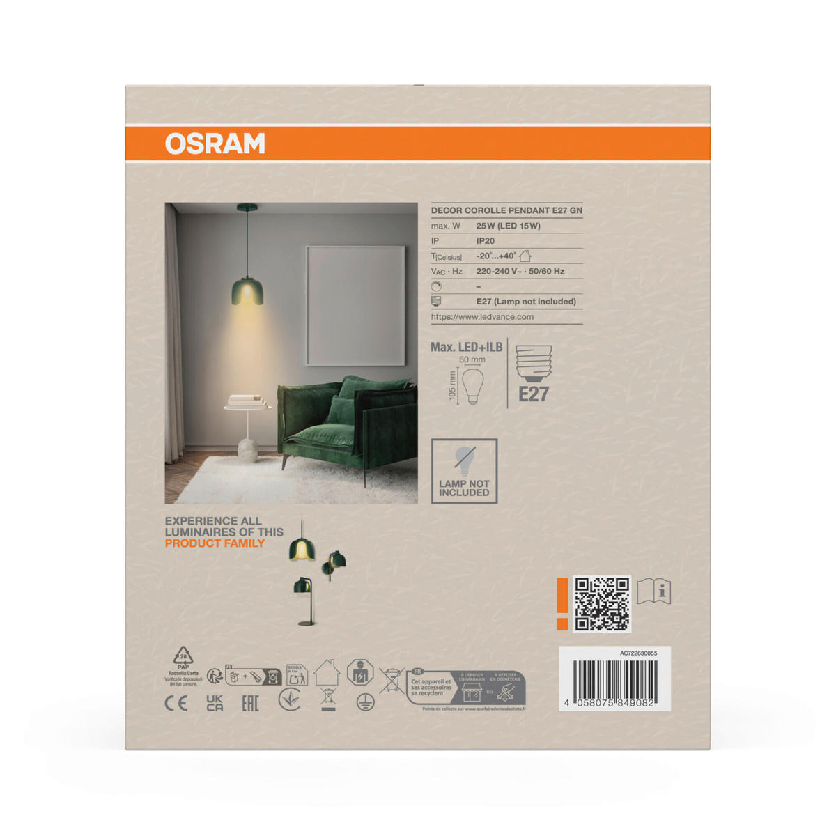 PENDELLEUCHTE 20/121,5 cm  - Grün, Basics, Glas/Metall (20/121,5cm) - Osram