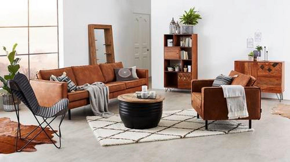 3-SITZER-SOFA  in Mikrofaser Kombination Echtleder/Stoff Cognac  - Cognac/Schwarz, Design, Leder/Textil (277/85/86cm) - Ambia Home