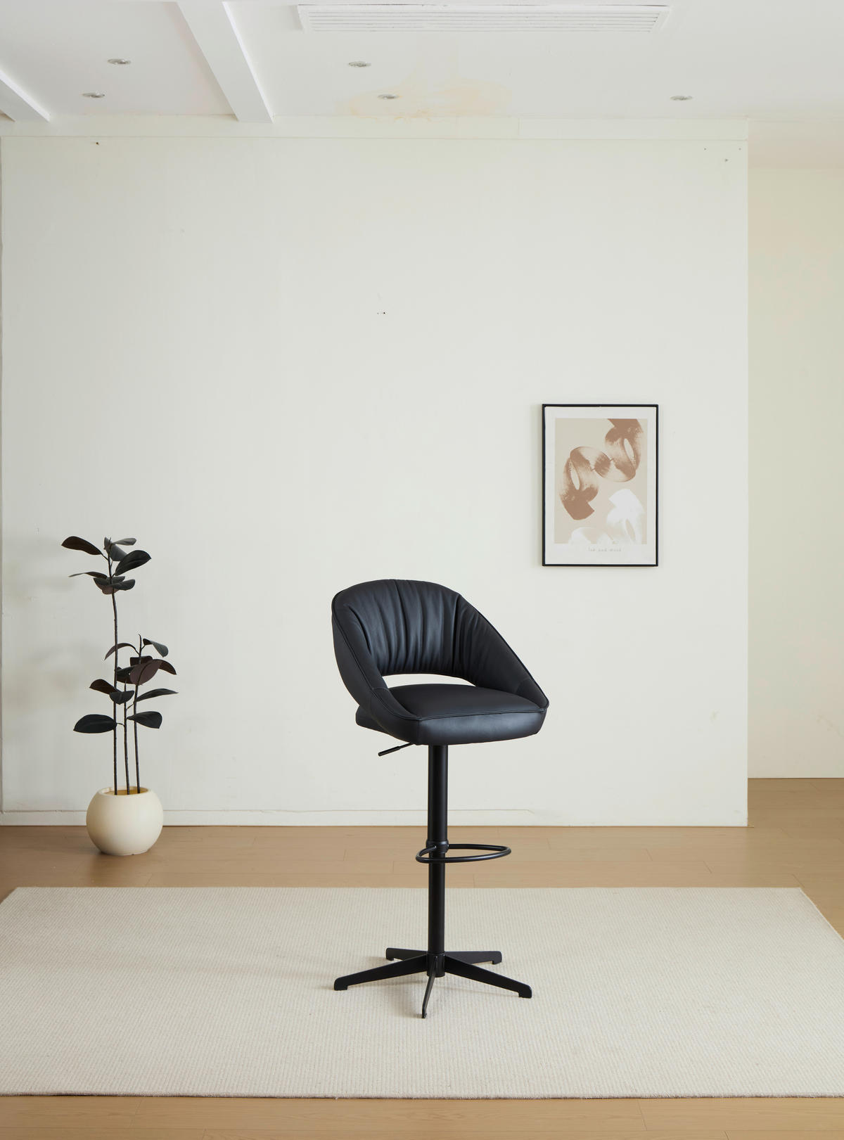 BARHOCKER Echtleder Schwarz Eisen Sitzfläche 360° drehbar, automatische Rückholfunktion  - Schwarz, Design, Leder/Metall (56/96-120/59cm) - Dieter Knoll