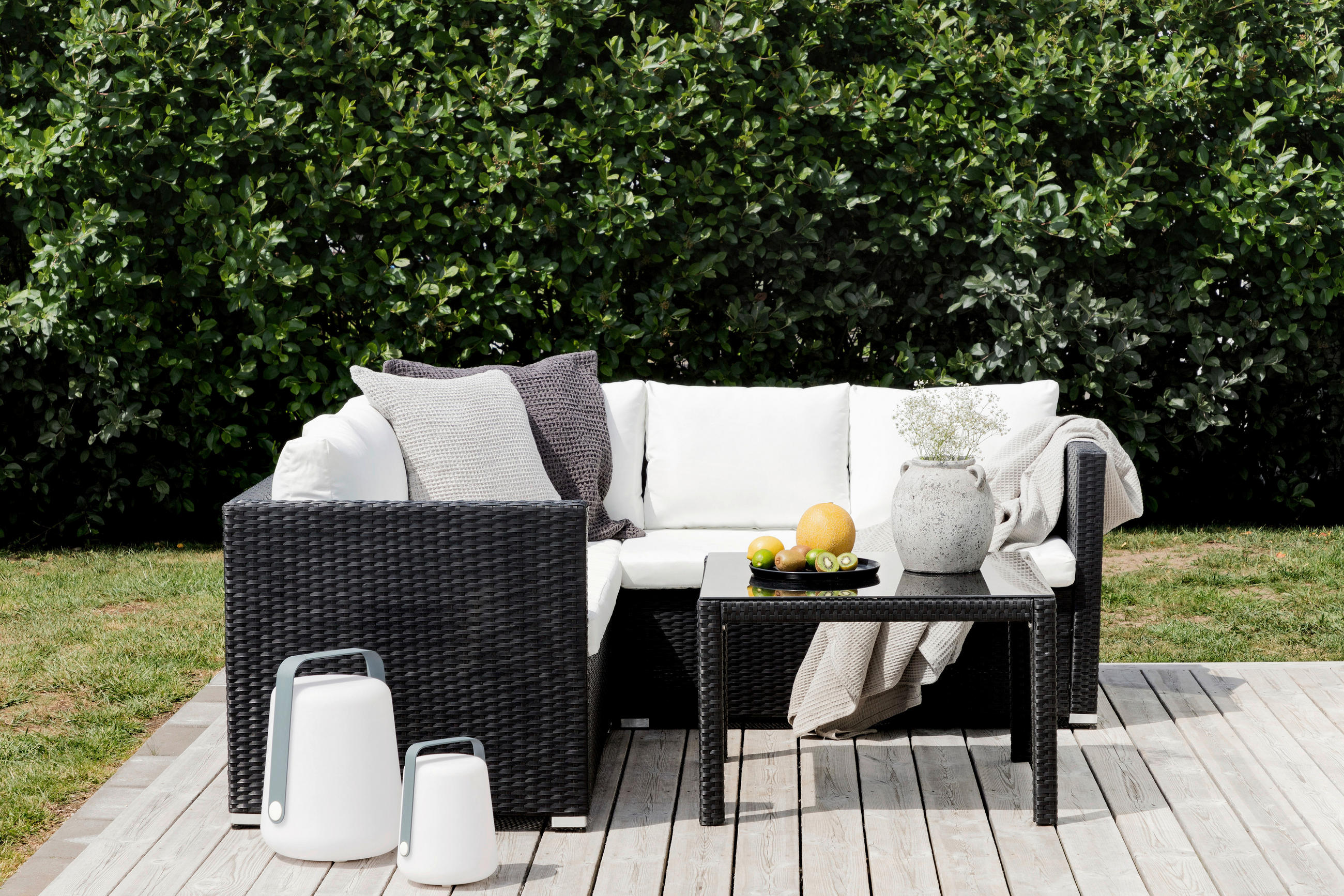 LOUNGEGARNITUR  - Schwarz/Weiß, KONVENTIONELL, Glas/Kunststoff (59/180/64cm) - Gardenson