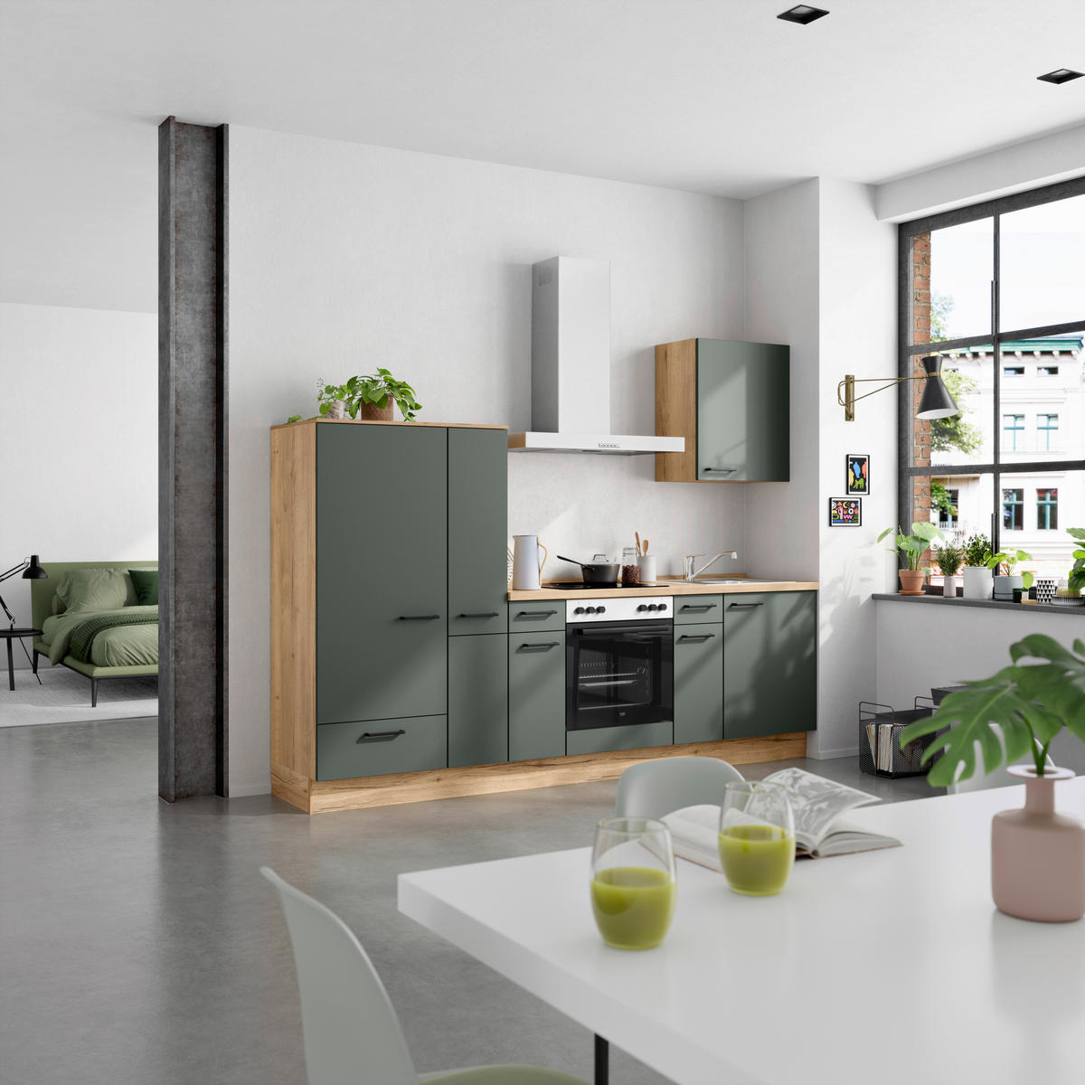 KÜCHENBLOCK Easytouch 270 cm  in Eichefarben, Dunkelgrün  - Dunkelgrün/Eichefarben, MODERN, Holzwerkstoff/Metall (270cm) - Nobilia