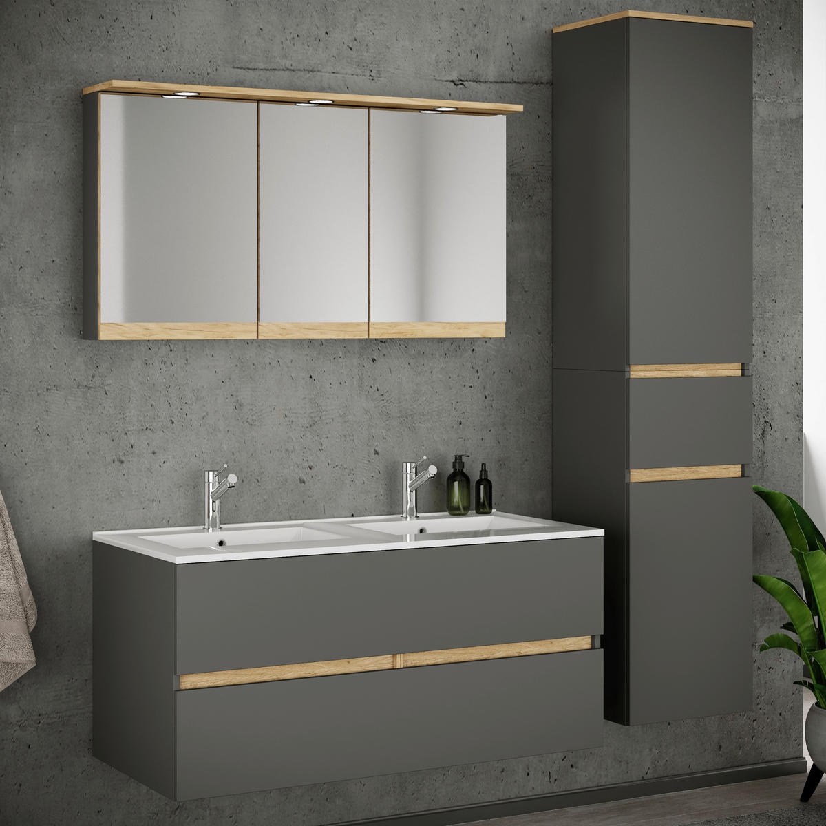 BADEZIMMER 4-teilig  in 152 cm  - Honigeiche/Anthrazit, Trend, Keramik/Holzwerkstoff (152cm) - MID.YOU