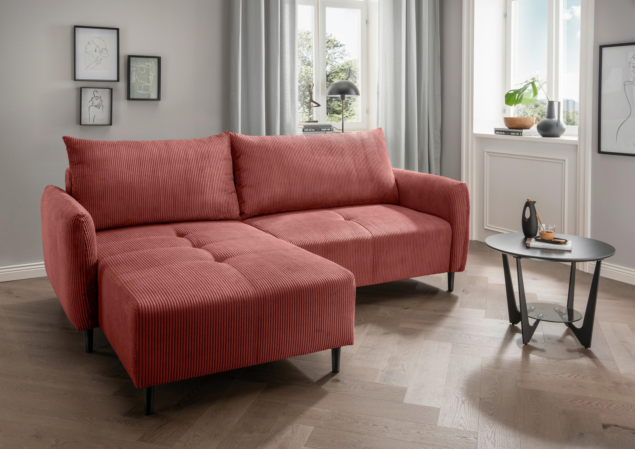 ECKSOFA in Cord Koralle  - Koralle/Schwarz, Basics, Holz/Textil (238/174cm) - Livetastic