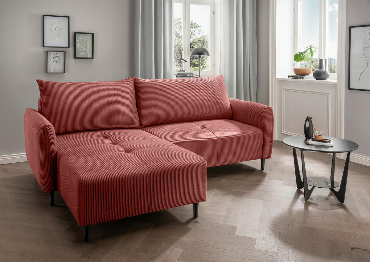 ECKSOFA in Cord Koralle  - Koralle/Schwarz, Basics, Holz/Textil (238/174cm) - Livetastic