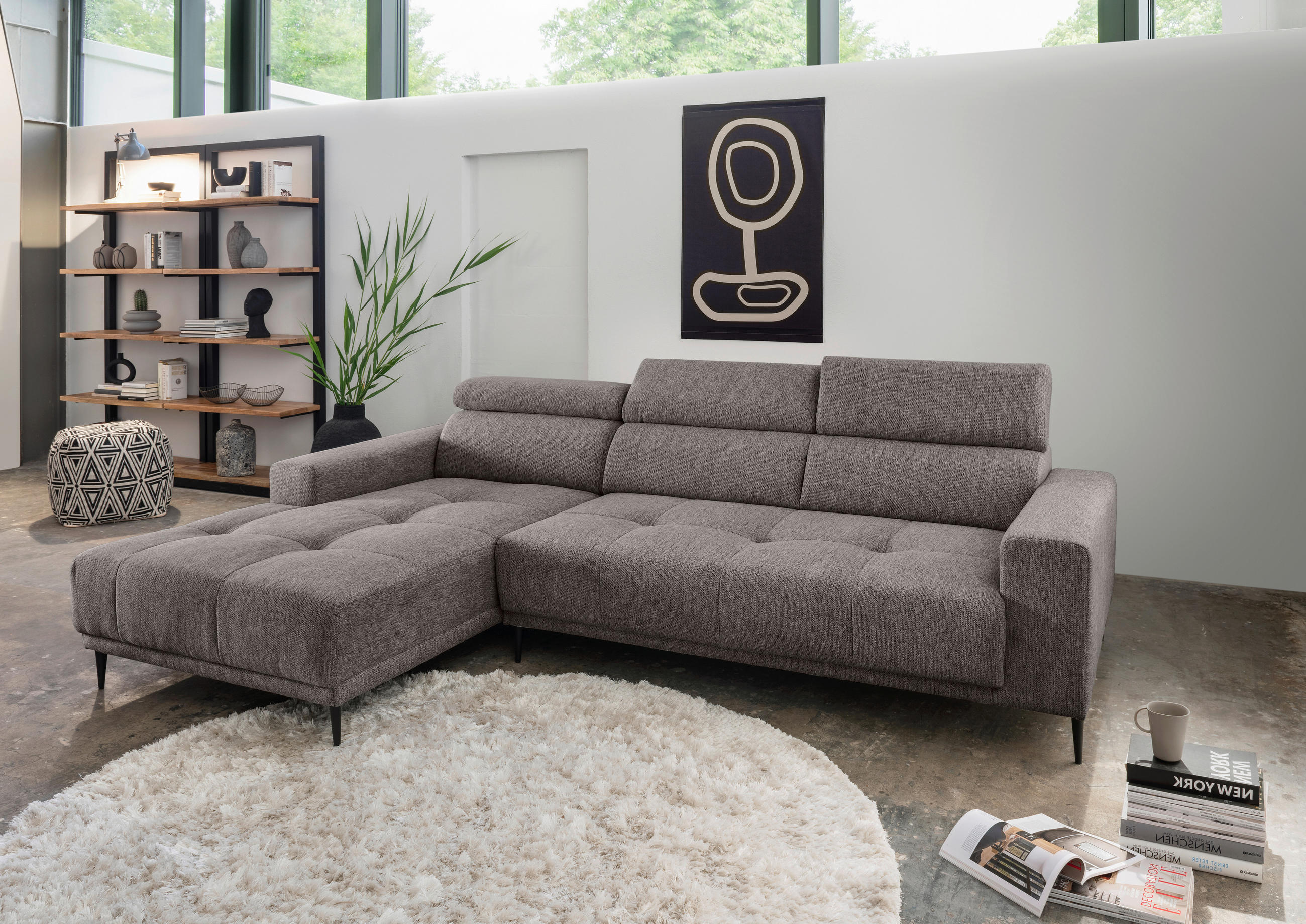 ECKSOFA Graubraun Chenille  - Graubraun/Schwarz, KONVENTIONELL, Textil/Metall (188/276cm) - Livetastic