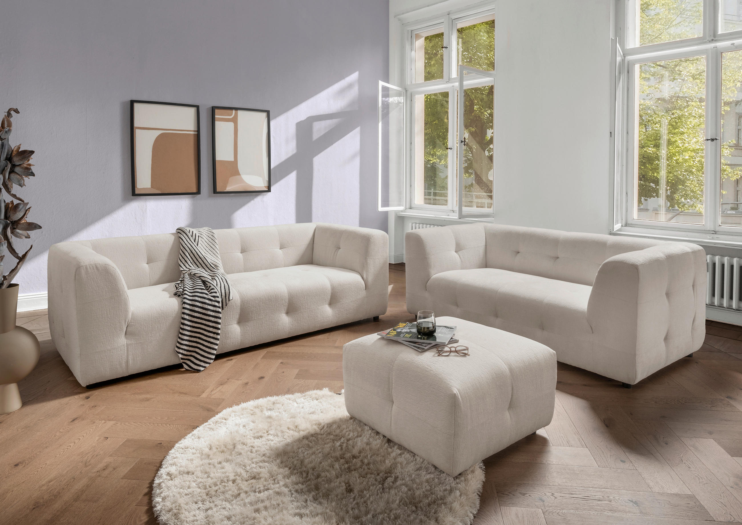 HOCKER in Textil Weiss - Weiss/Schwarz, Design, Kunststoff/Textil (72/44/72cm) - Livetastic