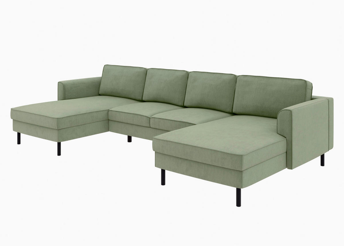 WOHNLANDSCHAFT Grün Cord  - Schwarz/Grün, MODERN, Textil/Metall (161/306/161cm) - Trendmanufaktur