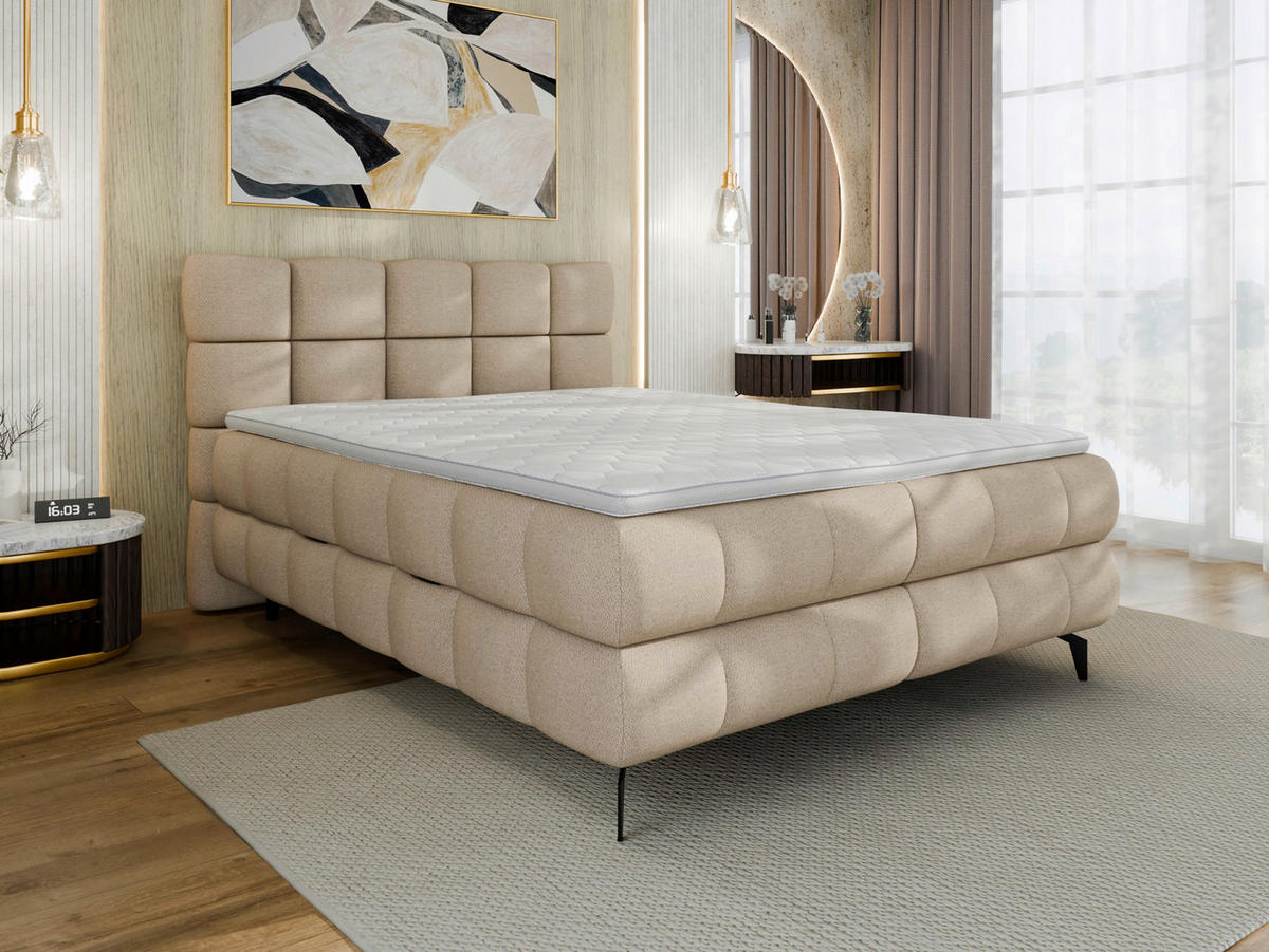 BOXBETT 140/200 cm,  in Beige, Bettkasten, Topper, H3 + H3 = fest  - Beige/Schwarz, Trend, Textil/Metall (140/200cm) - Esposa