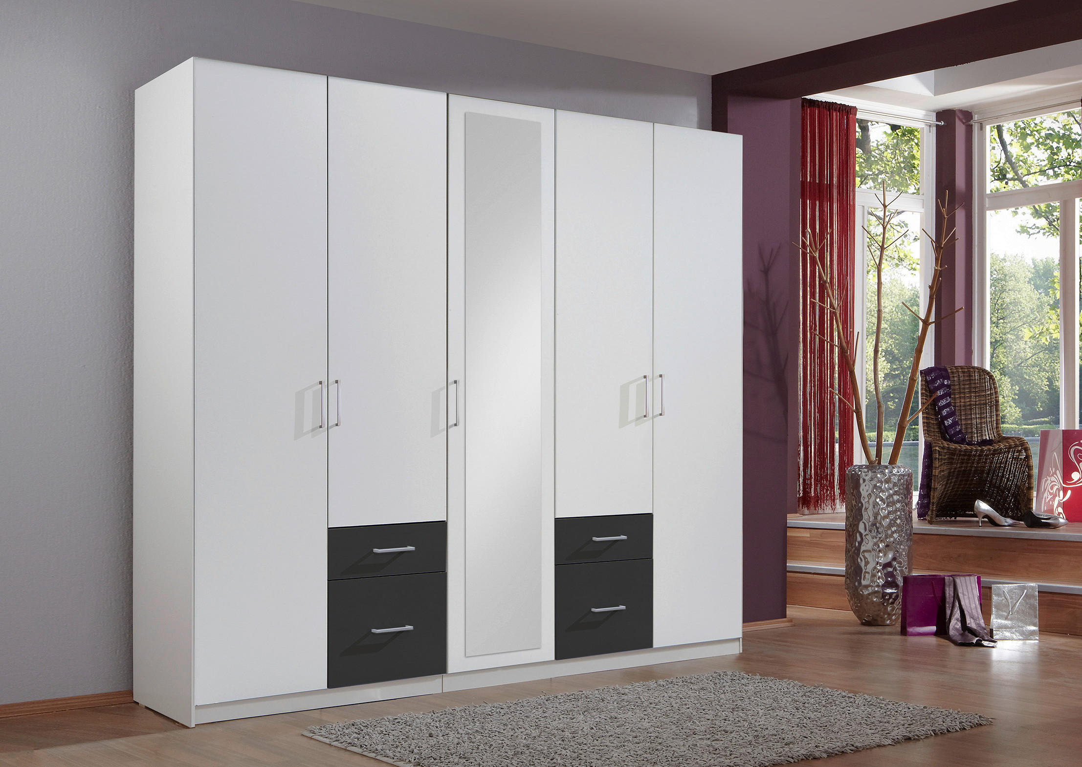 DREHTÜRENSCHRANK 5-türig Graphitfarben, Weiß - Silberfarben/Graphitfarben, Design, Glas/Holzwerkstoff (225/210/58cm) - MID.YOU