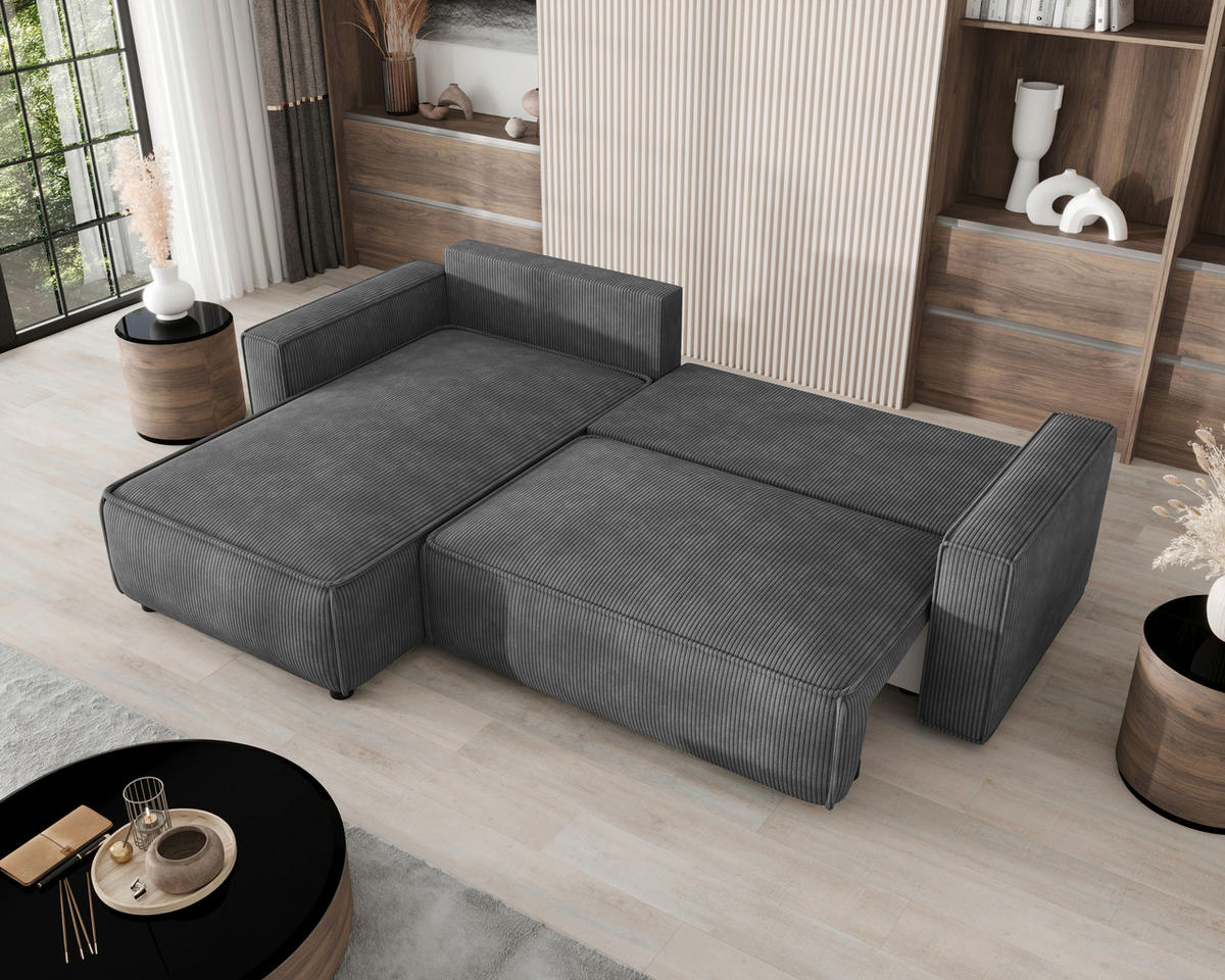 ECKSOFA Dunkelgrau Cord Zierkissen, Rückenkissen, Bettkasten, Schlaffunktion, Rücken echt, Liegefläche im Originalstoff  - Dunkelgrau/Schwarz, MODERN, Kunststoff/Textil (190/280cm) - Carryhome