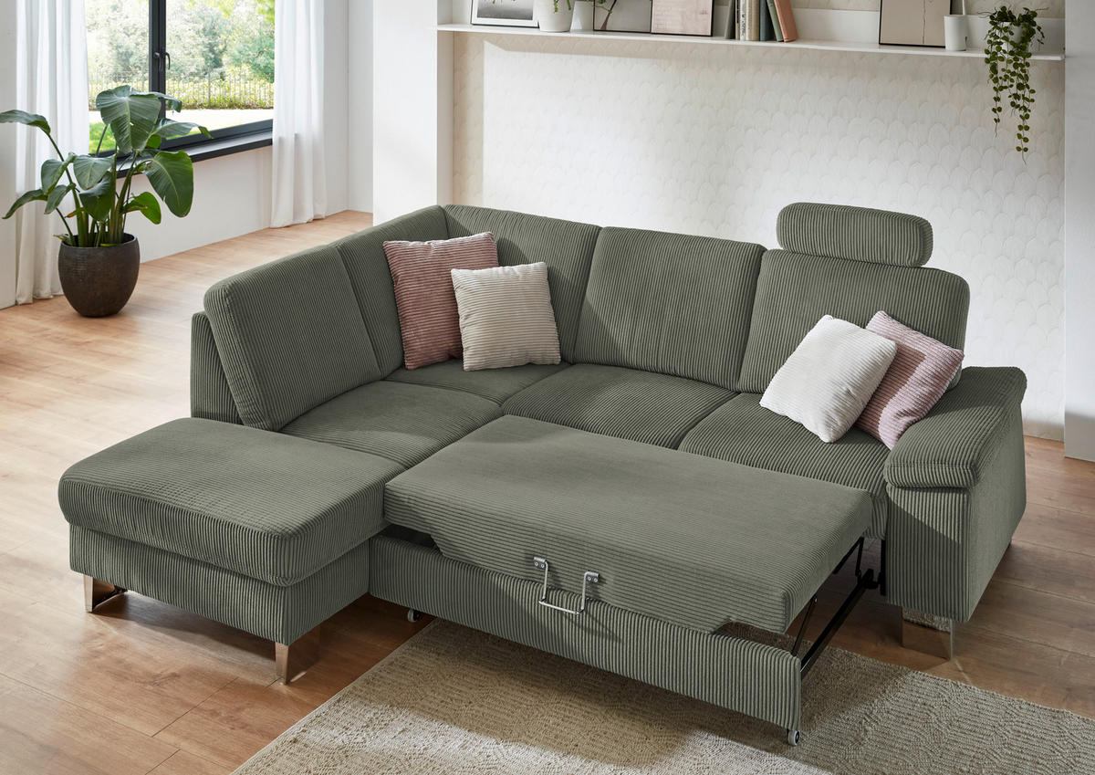 ECKSOFA in Cord Olivgrün  - Edelstahlfarben/Olivgrün, Konventionell, Textil/Metall (200/248cm) - Beldomo System